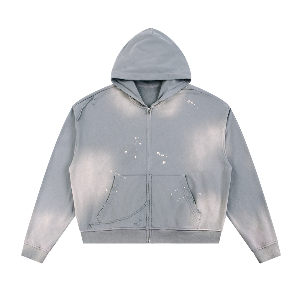Krown Sun Fade Frayed Raw Edge Fleece Zip Hoodie