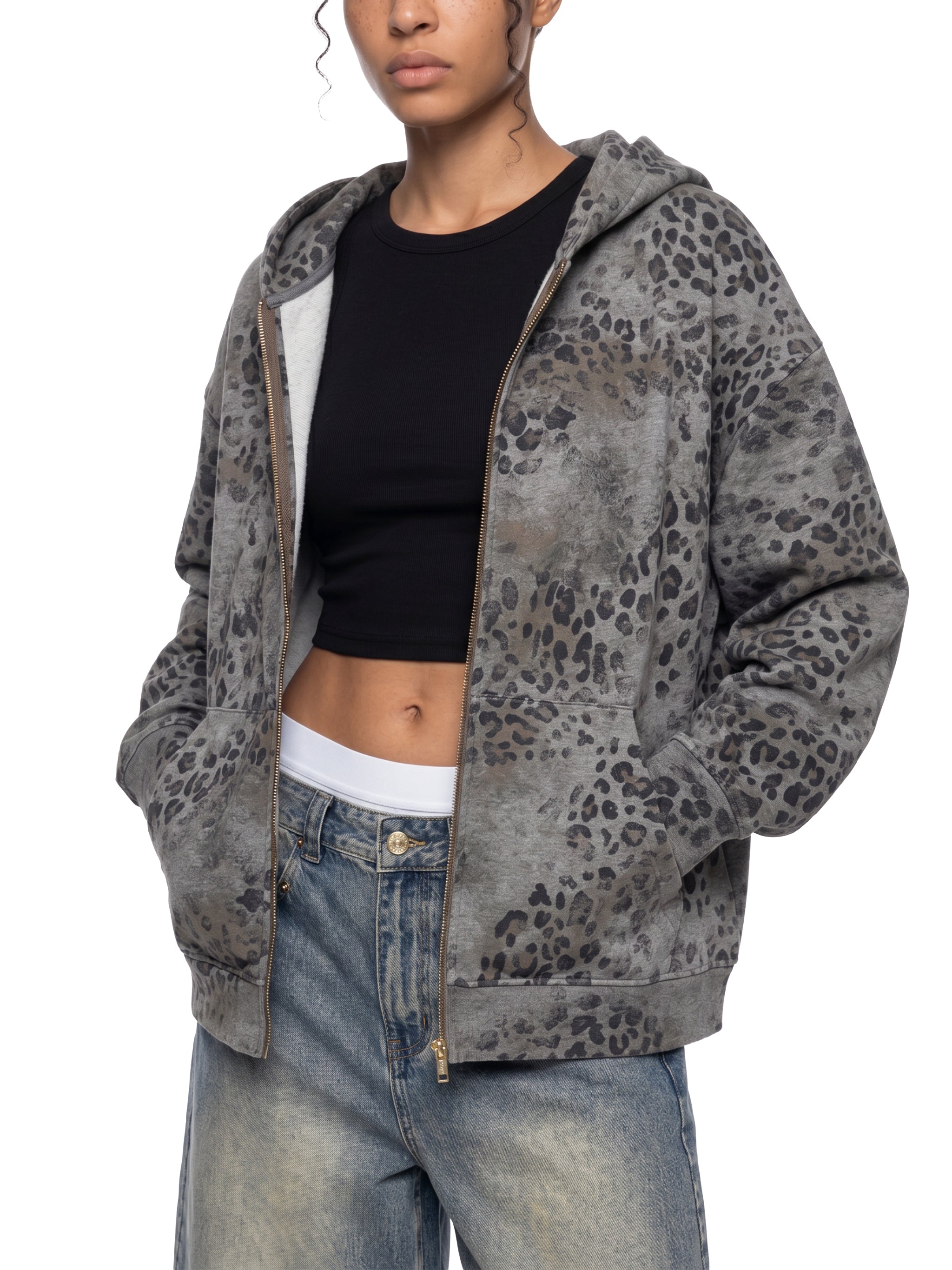 Biba Krown Empire Unisex Vintage Wash Leopard Full Zip Hoodie