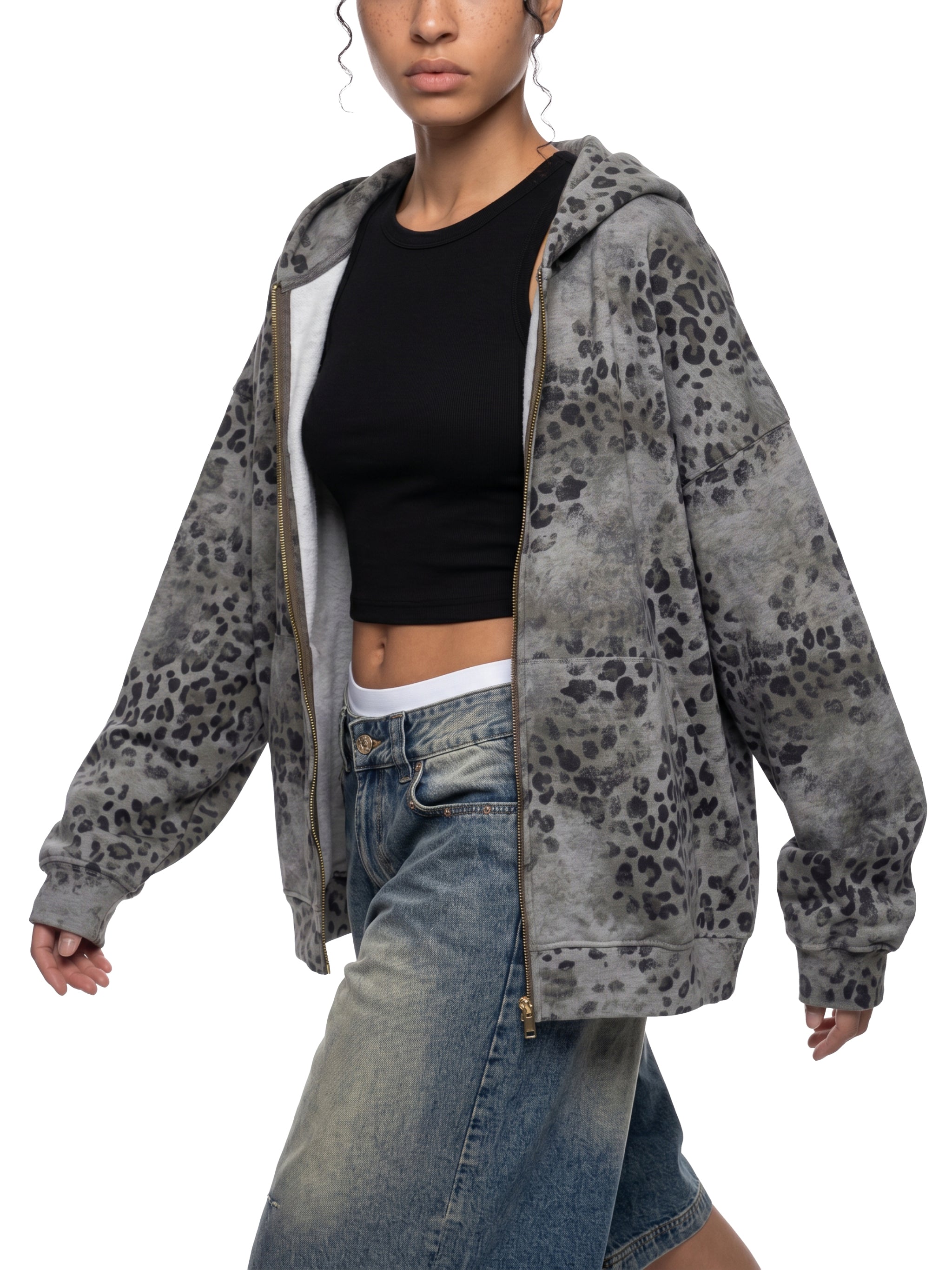 Biba Krown Empire Unisex Vintage Wash Leopard Full Zip Hoodie